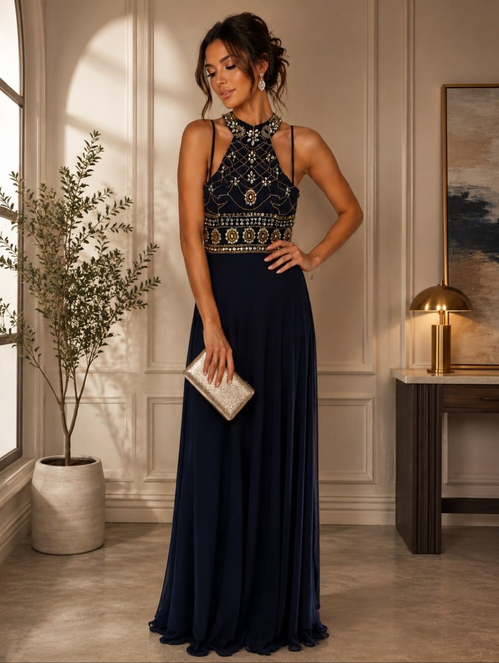 Nina Canacci Navy Halter Gown with Gold Embellished Bodice